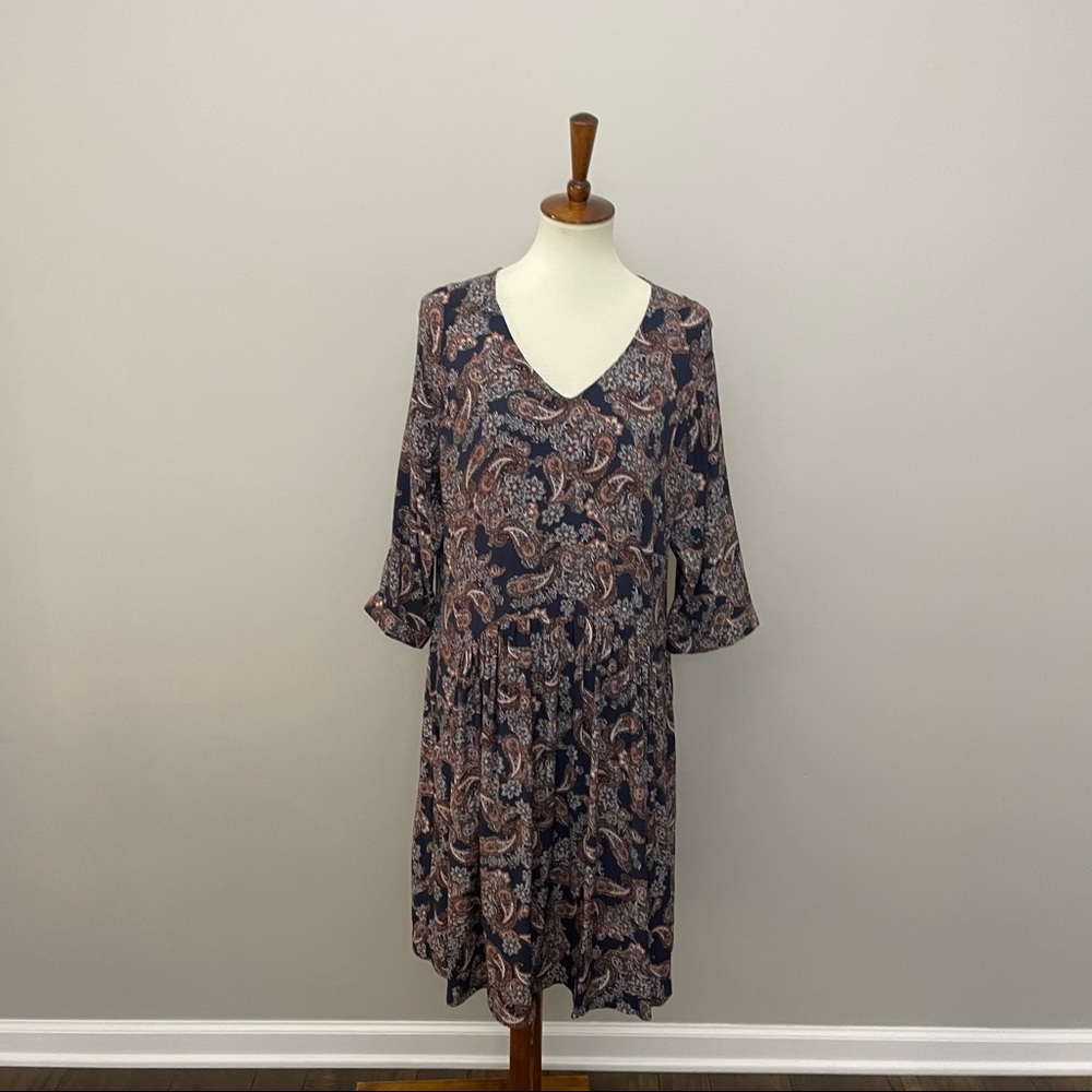 Garnet Hill Dress Drop Waist V-Neck Paisley Pockets Lined Boho Cottagecore Blue